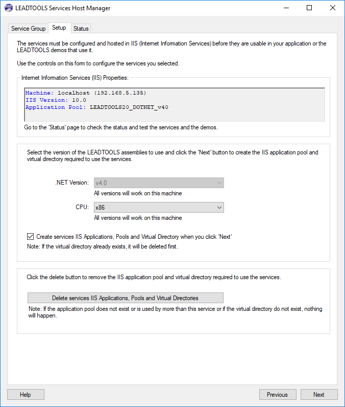 LEADTOOLS Services Host Manager Setup Tab