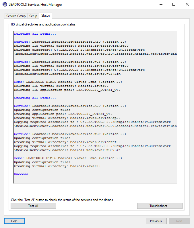 LEADTOOLS Services Host Manager Status Tab - Test All