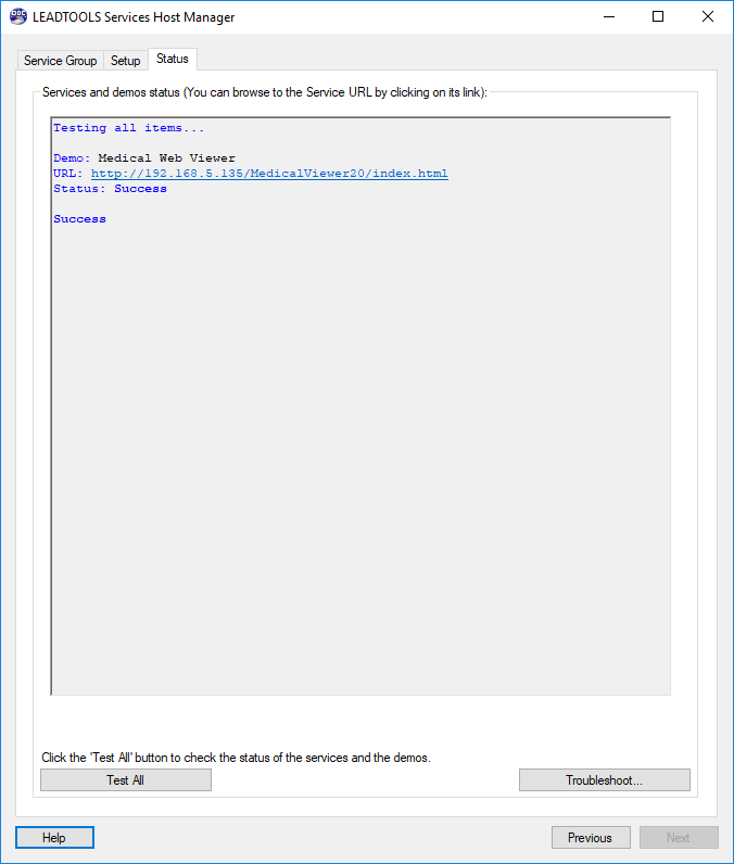 LEADTOOLS Services Host Manager Status Tab