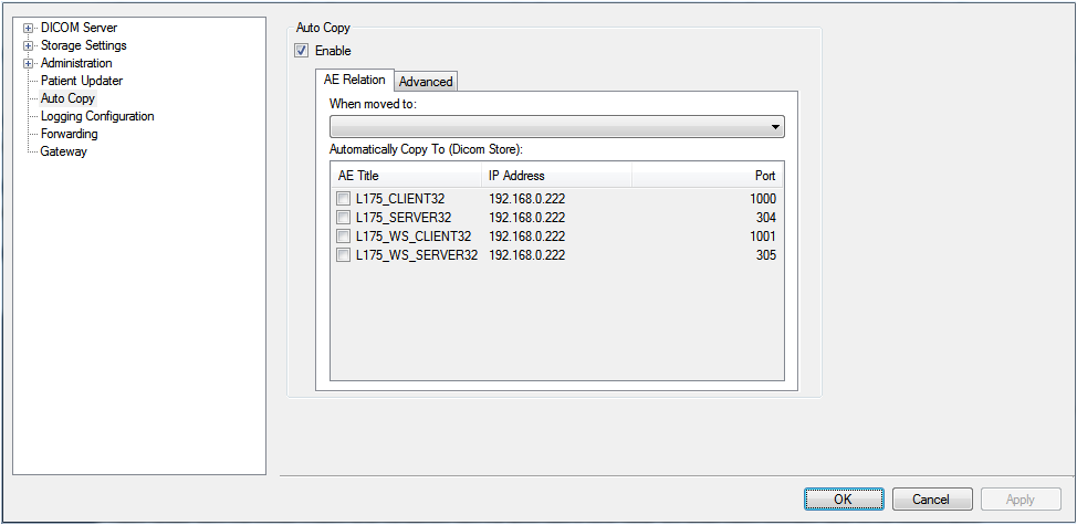 Storage Server AutoCopy AE Relation Tab