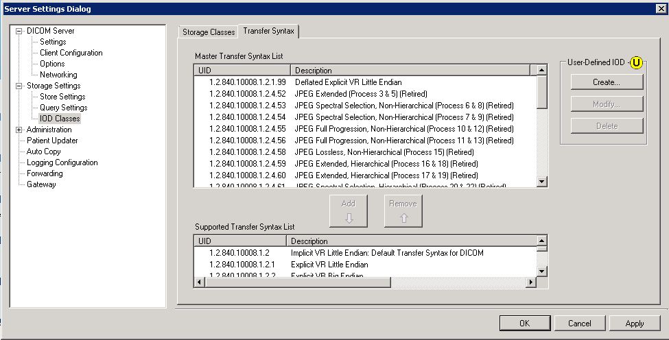 Storage Server Storage IOD Page Transfer Syntax Tab