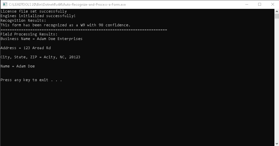 The console displays the recognized form and the processed results from the filled form