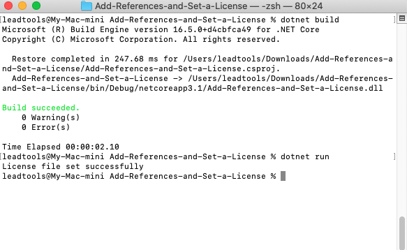 Mac viewing terminal that indicates license is set successfully