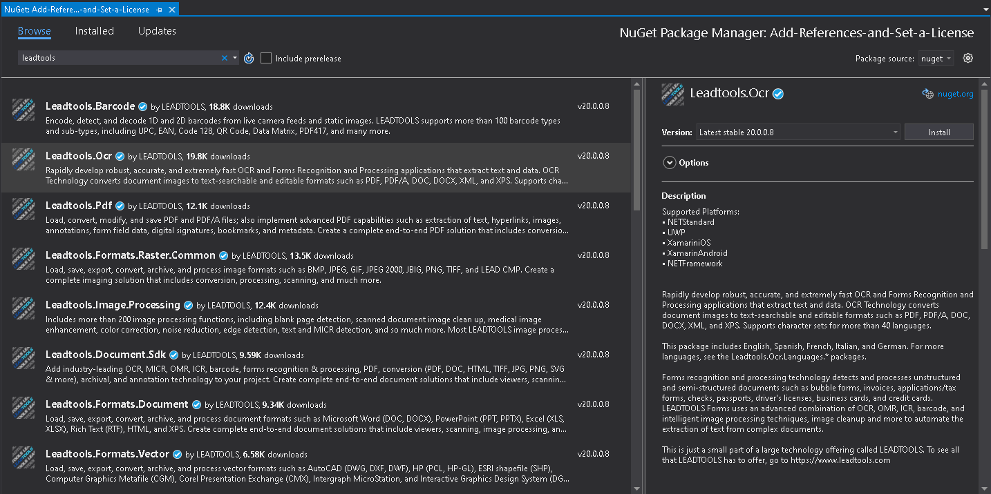 Installing LEADTOOLS NuGet packages