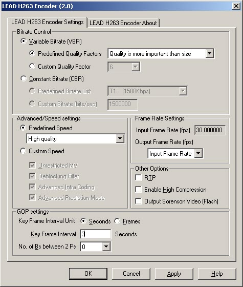 LEAD H263 Encoder property page