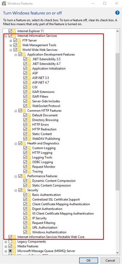 Windows Features World Wide Web Services Selections