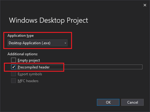 Setting application type and precompiled headers