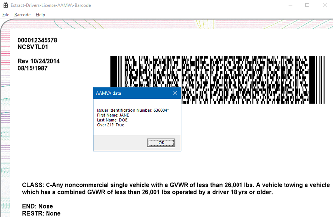 Extracted PDF417 barcode data displayed to user.