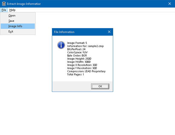 The application runs and a message displays the extracted information from the selected image file.