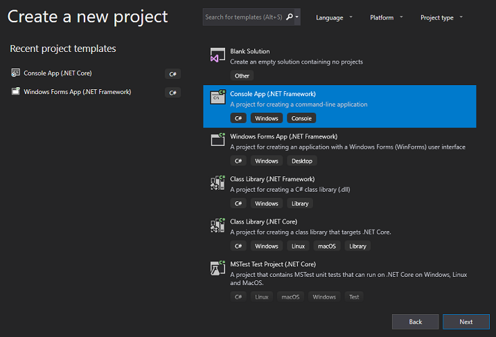 Creating a new Console App .NET Framework