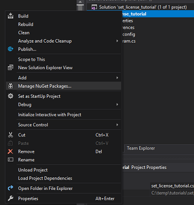 Selecting Manage NuGet Packages