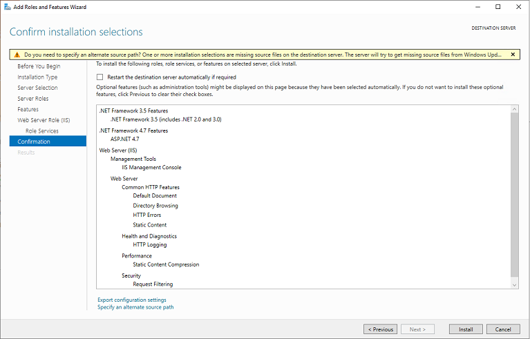 Confirm installation of selected features