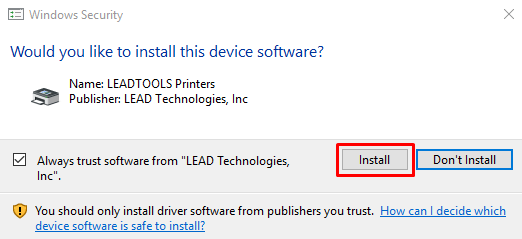 A prompt will appear by Windows Security. Be sure to click Install