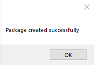 Confirmation dialog opens, confirming the package was created