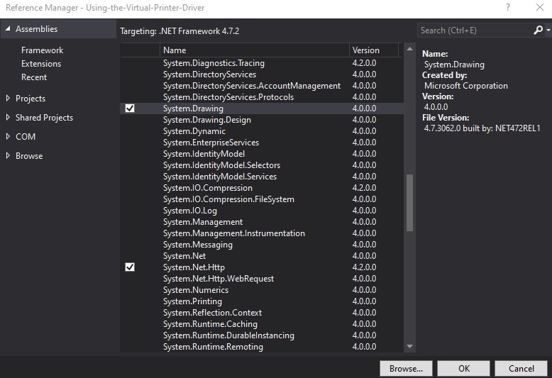 Add assembly references in the Solution Explorer to the Virtual Printer Driver project