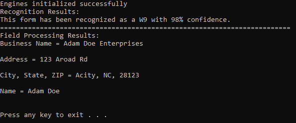 The console displays the recognized form and the processed results from the filled form.