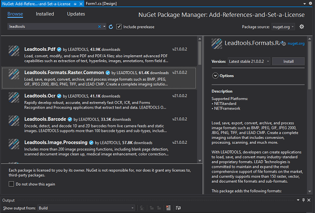 Installing LEADTOOLS NuGet packages.
