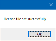Message box indicating license has been set successfully.