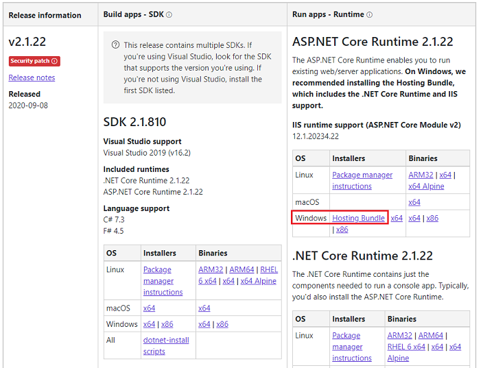 ASP.NET Core 2.1 install page