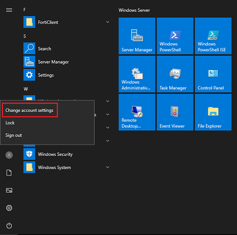 Start Menu Change Account Settings