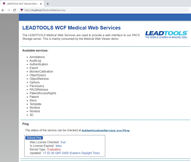 LEADTOOLS WCF medical web service running successfully