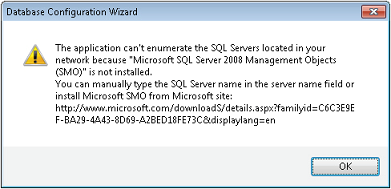 Database configuration wizard message box.