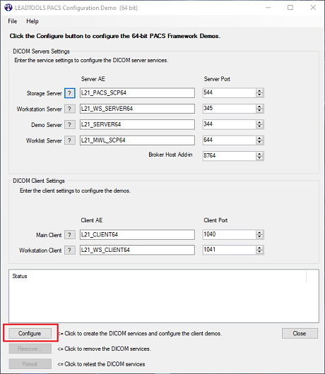 Configure the DICOM server and client settings.