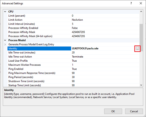 IIS manager advanced setting identity.