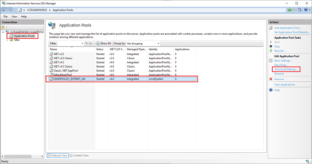 IIS manager application pools advanced settings.