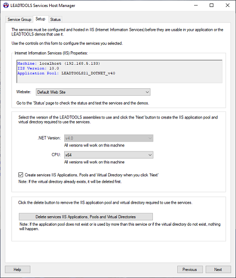 LEADTOOLS services host manager setup tab.