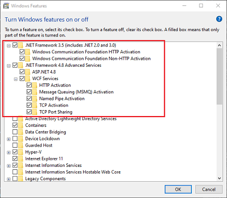 Windows features .NET Framework settings.