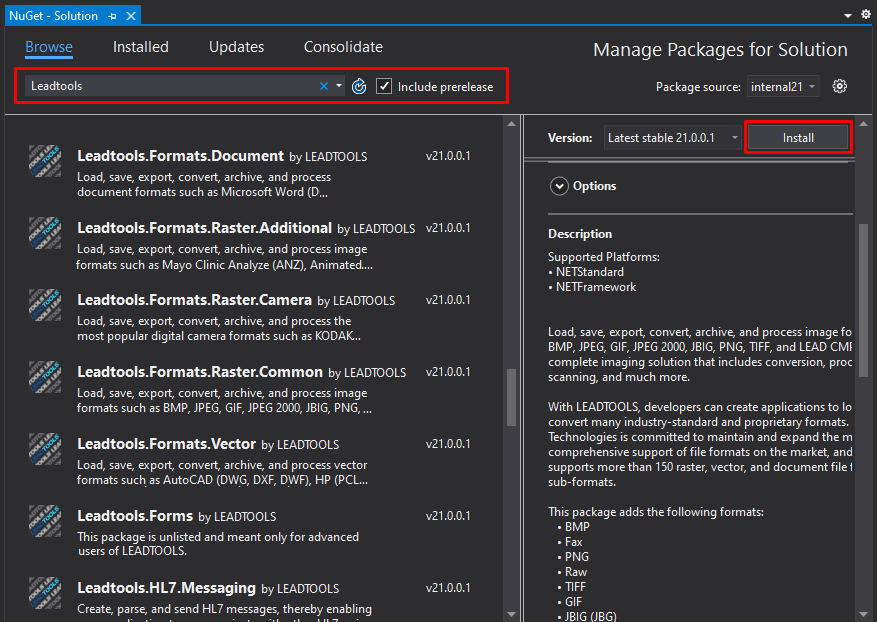 Installing LEADTOOLS NuGet packages