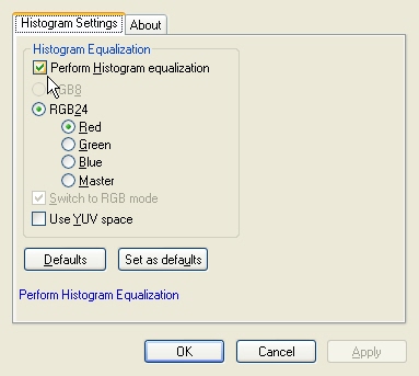 Video Histogram Equalize Filter property page