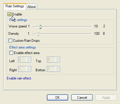 Video EFX Rain Filter property page