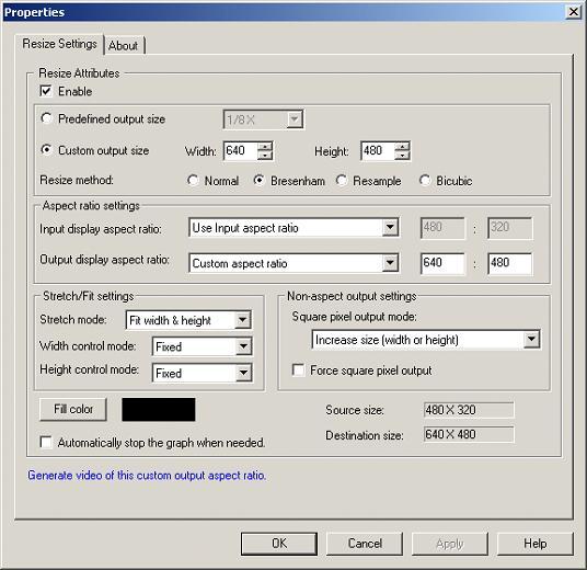 Video Resize filter property page