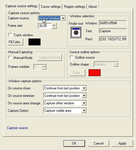 LEAD Screen Capture Filter Capture source settings tab