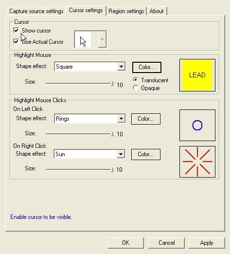 LEAD Screen Capture Filter Cursor settings tab