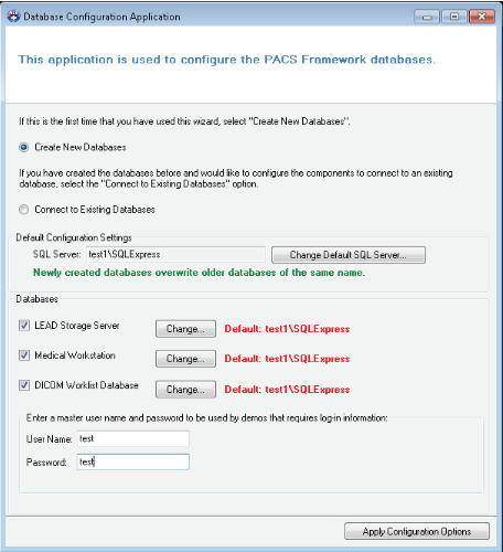 Database Configuration Application Dialog Box