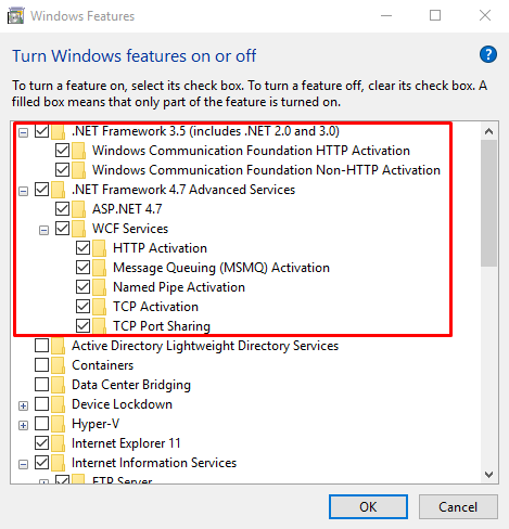 Windows Features .NET Framework 3.5 Selections