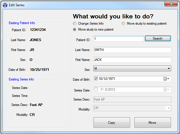 Patient Updater Edit Series Move Study to an New Patient