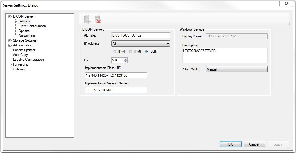 Storage Server DICOM Server Settings Page