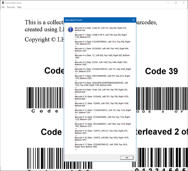 Barcode symbology recognition result dialog box