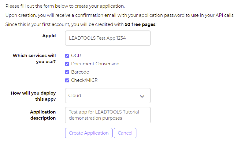 Create New Application Screenshot