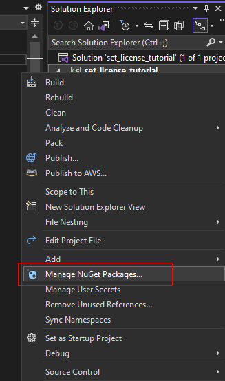 Selecting Manage NuGet Packages