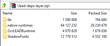 Screenshot of lead-deps-layer zip archive's structure