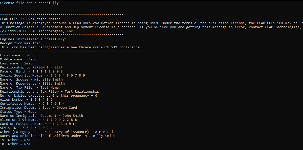 The console displays the recognized form and the parsed results from the filled form