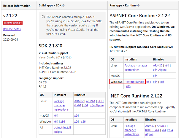 ASP.NET Core 2.1 runtime install page