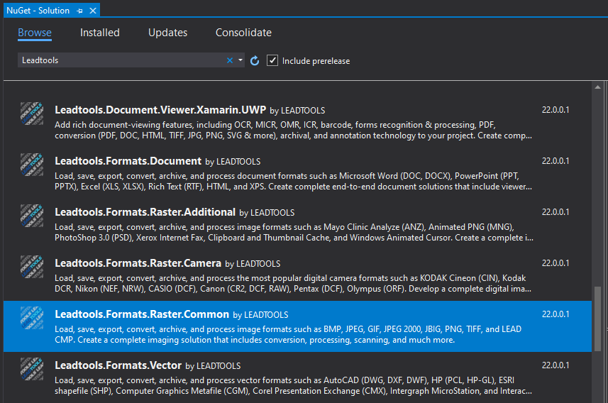 Installing LEADTOOLS NuGet packages.