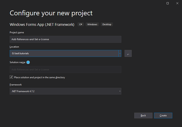 Adding the Visual Studio project name and location.