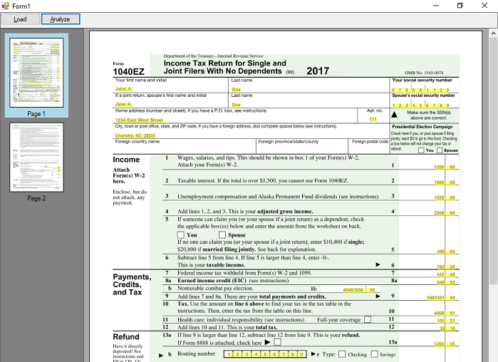 Highlighted Results from the DocumentAnalyzer